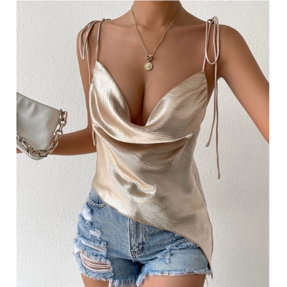 Black Color Glamorous Cowl Neck Tie Strap Camisole Top - Picture 8 of 16